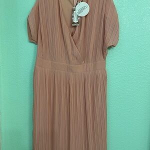 Boohoo Pink Pleated Wrap Midi Dress with Puff Sleeves